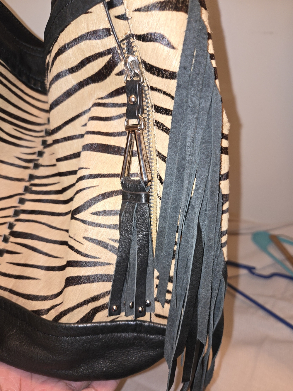B. Makowsky Leather/Hair calf Zebra Print Black Trim FRINGE Hobo Bag. GUC - Picture 4 of 9